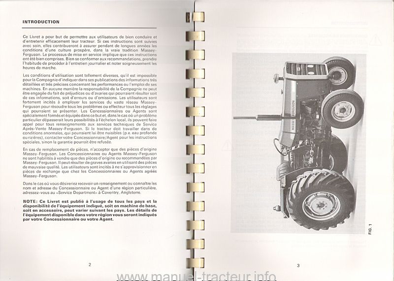 Extrait du guide de réparation - Livret d'utilisation et d'entretien pour les Massey Ferguson 265, 275 et 290