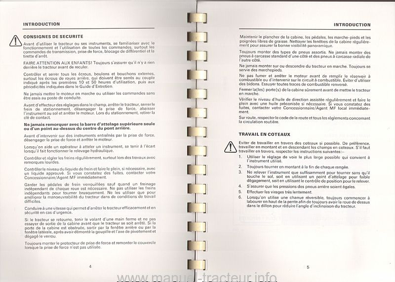 Extrait de la notice technique - Livret d'utilisation et d'entretien pour les Massey Ferguson 265, 275 et 290