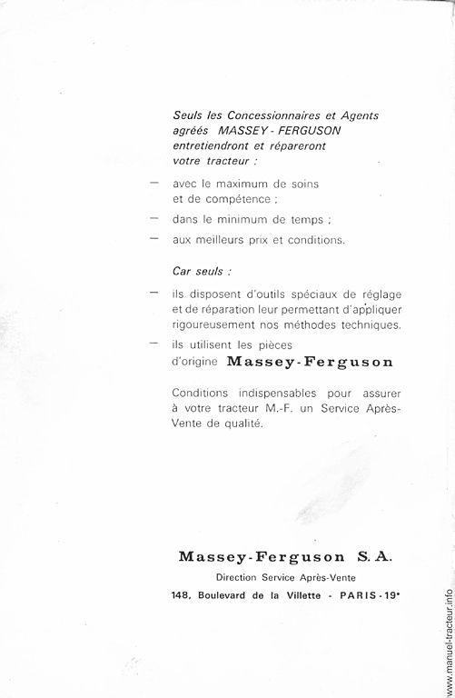 Page 1 du sommaire - Livret d'utilisation et d'entretien tracteur Massey Ferguson MF 122