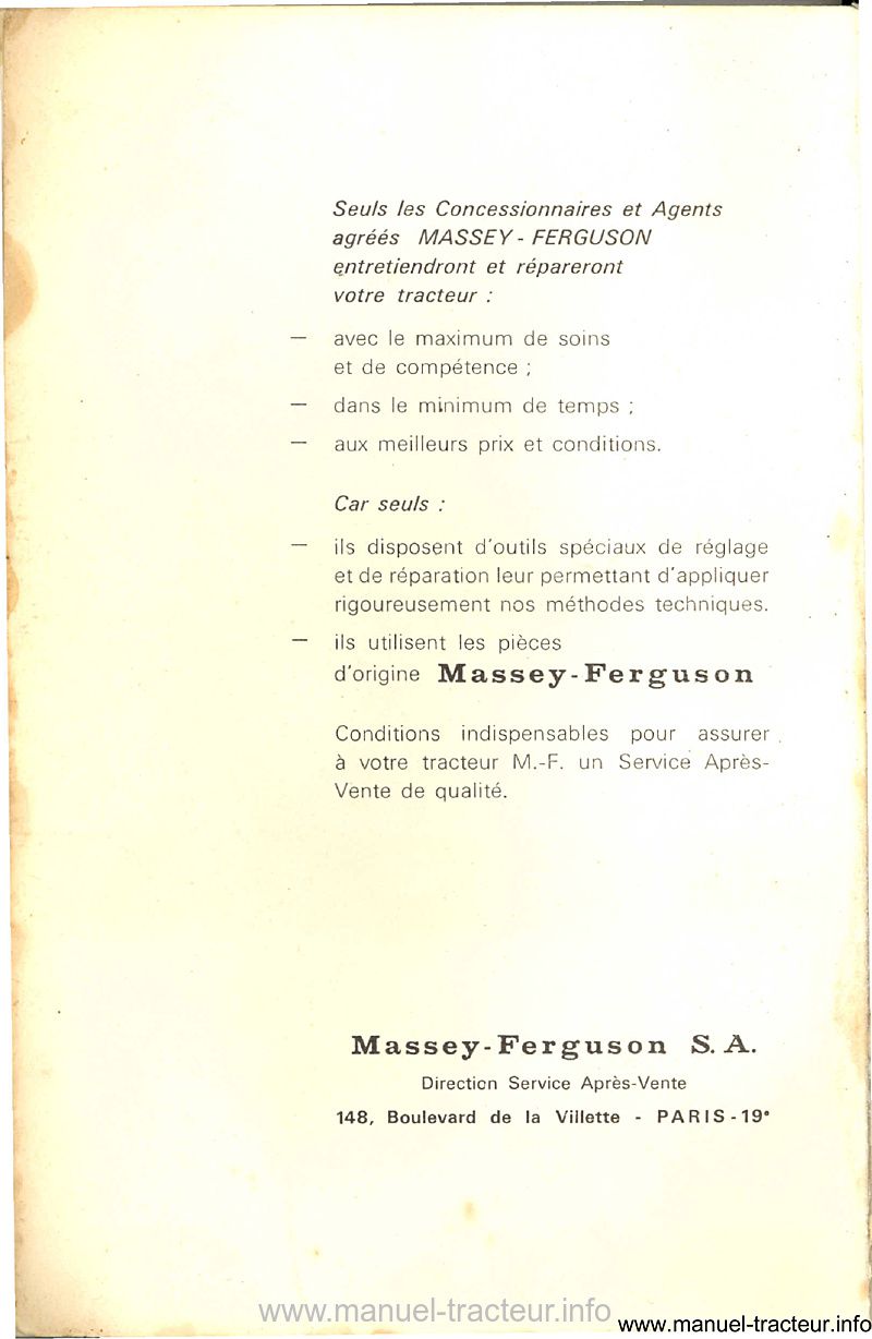 Page 1 du sommaire - Livret d'utilisation et d'entretien tracteur Massey Ferguson MF 130