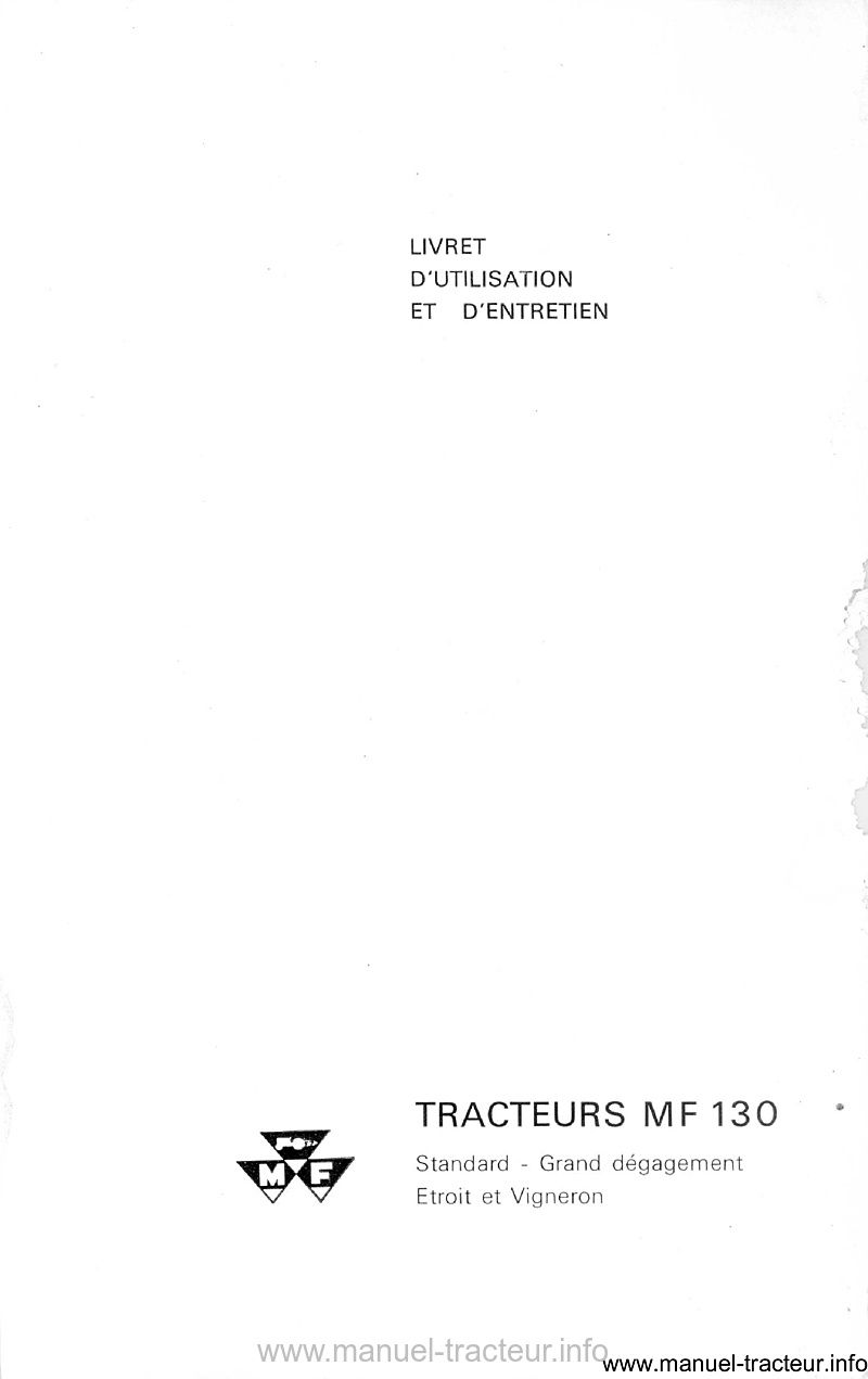 Page 2 du manuel d'atelier - Livret d'utilisation et d'entretien tracteur Massey Ferguson MF 130