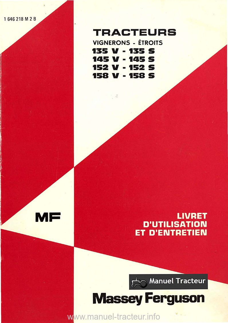 Première page de la revue technique - Livret d'utilisation et d'entretien tracteur Massey Ferguson MF 135 145 152 158 V S