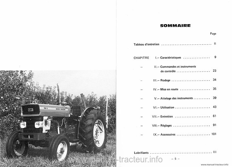 Extrait du guide de réparation - Livret d'utilisation et d'entretien tracteur Massey Ferguson MF 135 145 152 158 V S