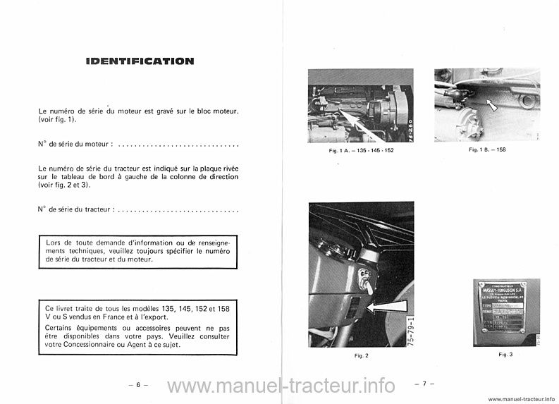 Extrait de la notice technique - Livret d'utilisation et d'entretien tracteur Massey Ferguson MF 135 145 152 158 V S