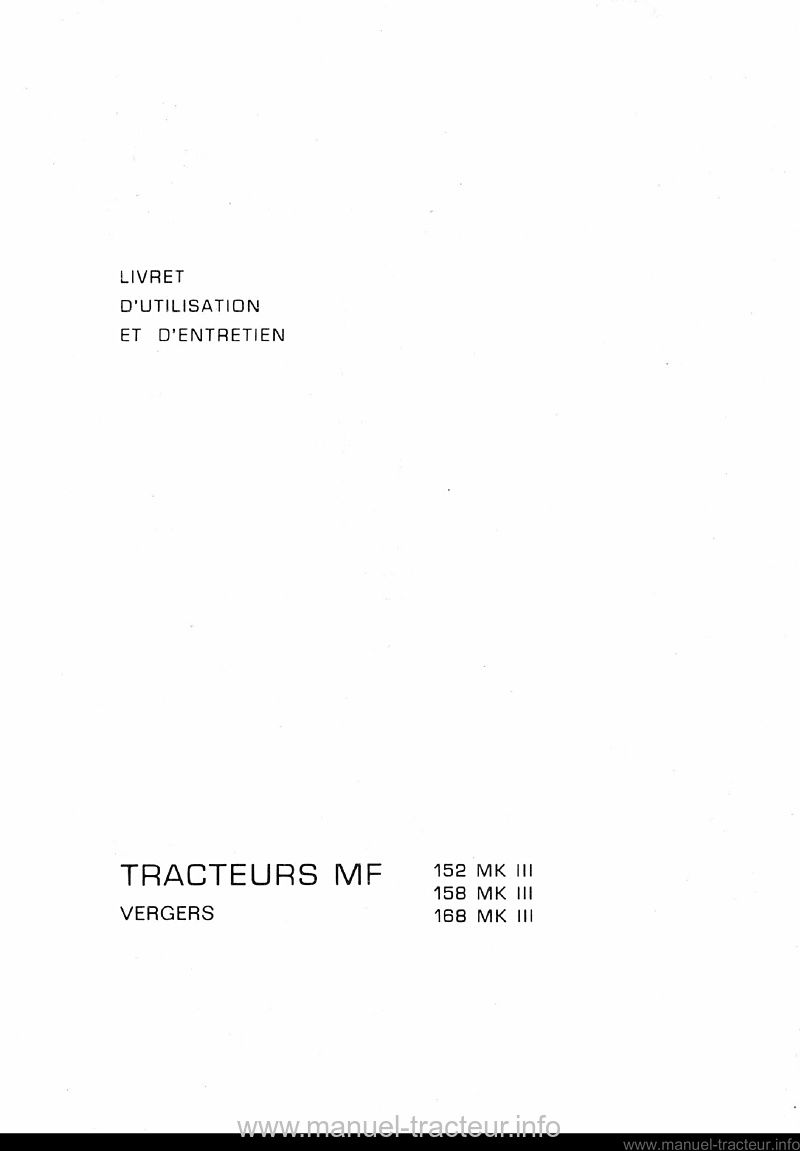 Page 2 du manuel d'atelier - Livret entretien tracteur Massey Ferguson MF 152 158 168 MK III