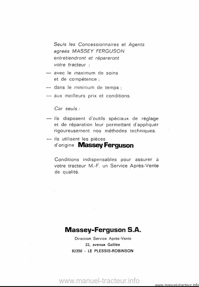 Extrait du guide de réparation - Livret entretien tracteur Massey Ferguson MF 152 158 168 MK III