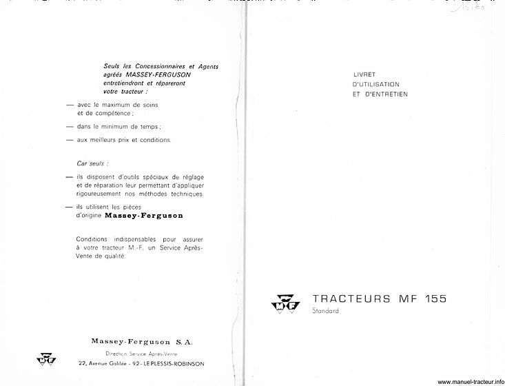 Page 1 du sommaire - Livret d'utilisation et d'entretien tracteur Massey Ferguson MF 155