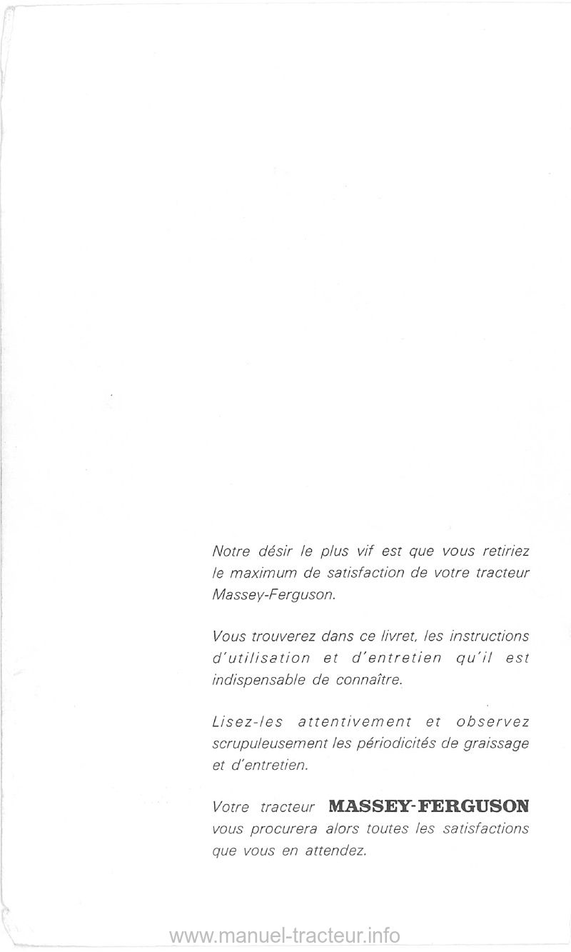 Page 2 du manuel d'atelier - Livret d'utilisation et d'entretien tracteur Massey Ferguson MF 175