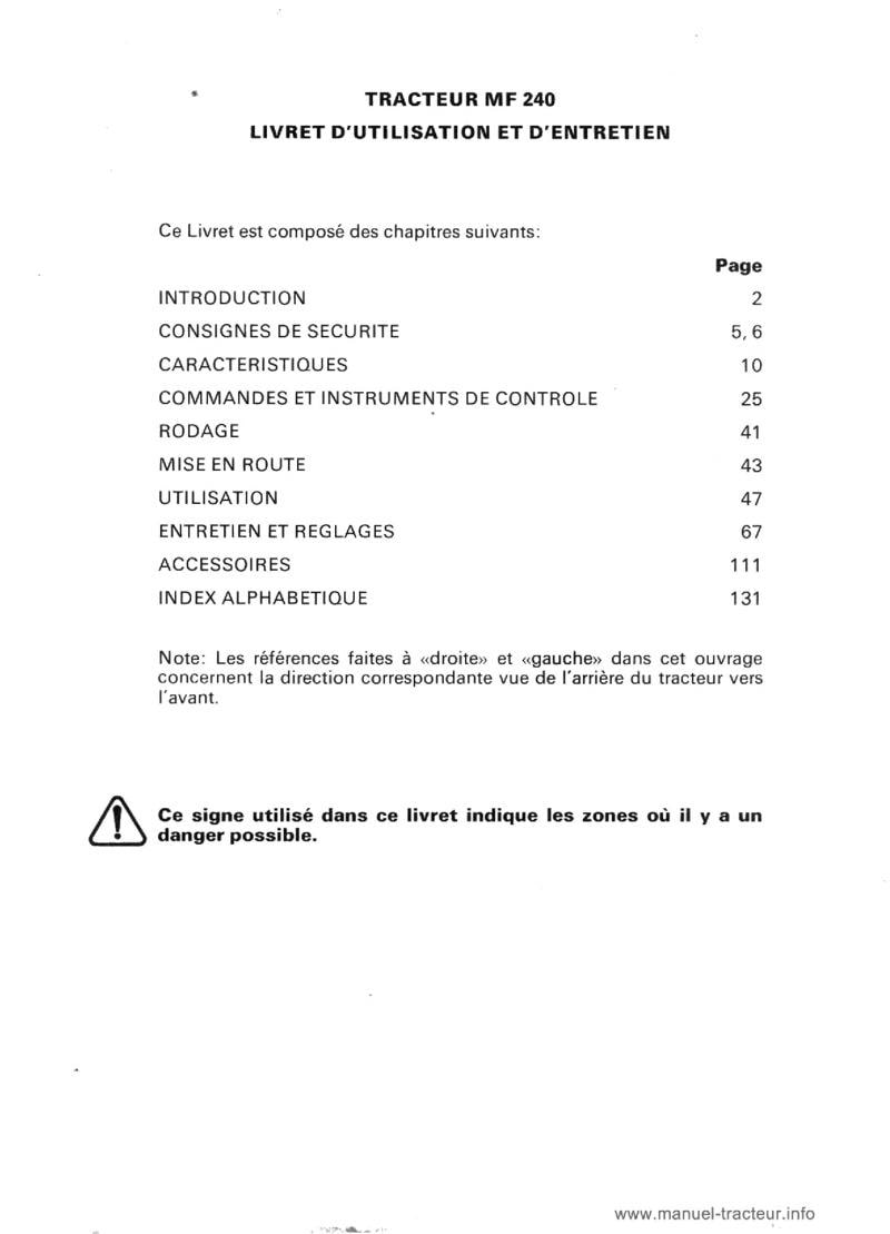 Page 1 du sommaire - Livret entretien tracteur Massey Ferguson MF 240
