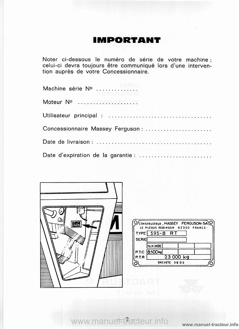 Extrait du guide de réparation - Livret d'entretien tracteur Massey Ferguson MF 595