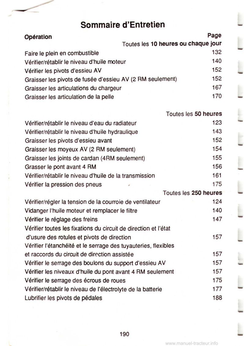 Sixième page du Livret d'utilisation et d'entretien chargeuse pelleteuse MF50H MF50HX MF60HX Turbo