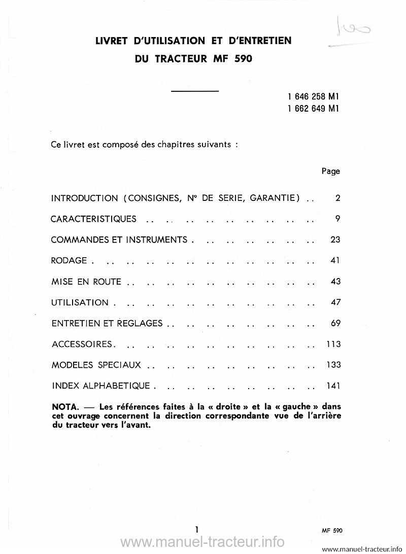 Page 2 du manuel d'atelier - Livret d'utilisation et d'entretien tracteur Massey Ferguson 590