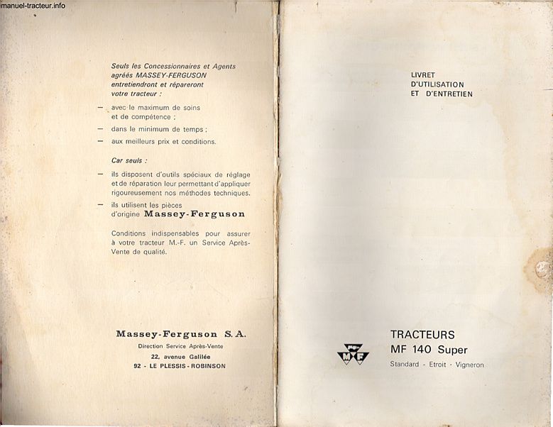 Page 1 du sommaire - Livret d'utilisation et d'entretien tracteur Massey Ferguson MF 140 Super