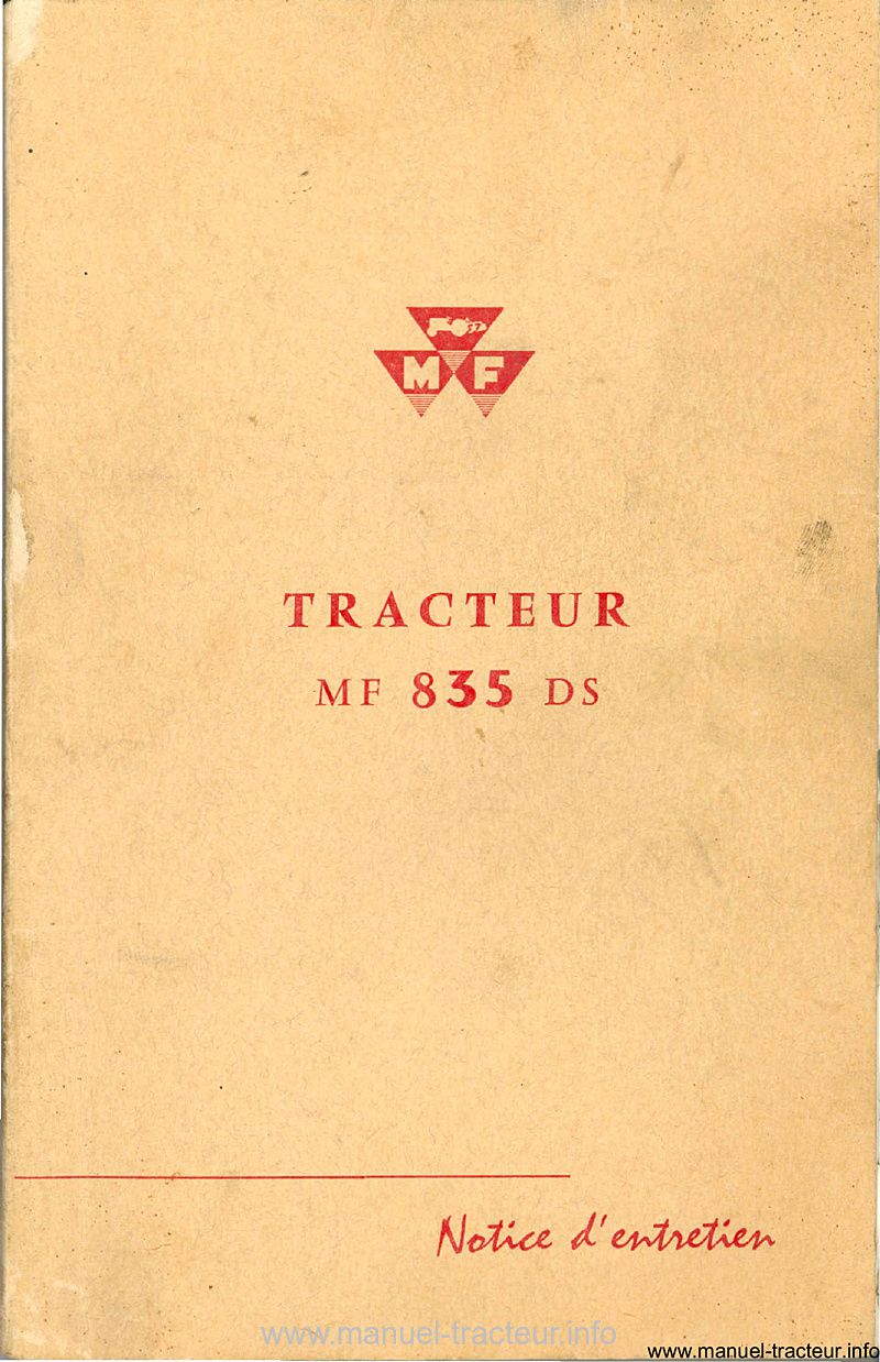 Première page de la revue technique - Notice d'entretien pour le tracteur Massey Ferguson 835 DS