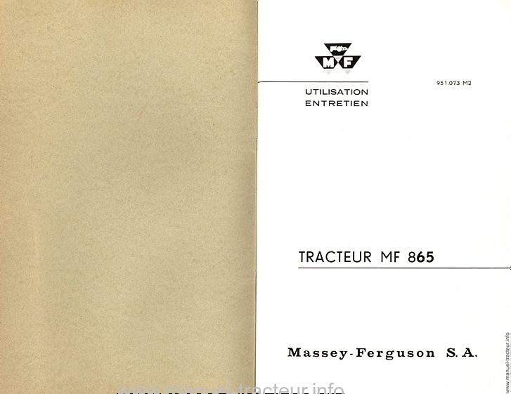 Page 1 du sommaire - Notice d'entretien tracteur Massey Ferguson F 865