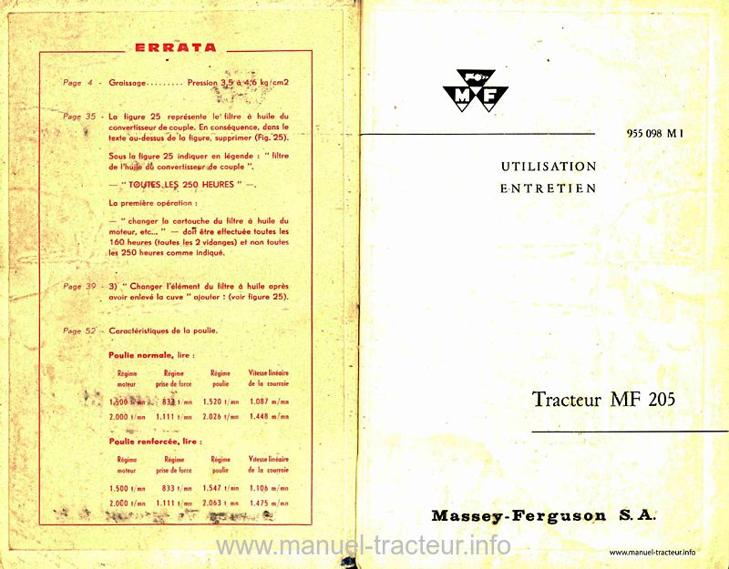 Page 1 du sommaire - Livret d'entretien tracteur Massey Ferguson MF 205