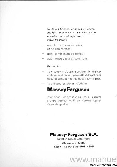 Page 1 du sommaire - Livret d'utilisation et d'entretien tracteur Massey Ferguson MF 152