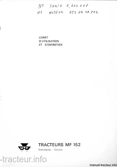 Page 2 du manuel d'atelier - Livret d'utilisation et d'entretien tracteur Massey Ferguson MF 152