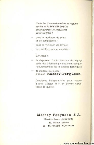 Page 1 du sommaire - Livret d'utilisation et d'entretien tracteur Massey Ferguson MF 175-S