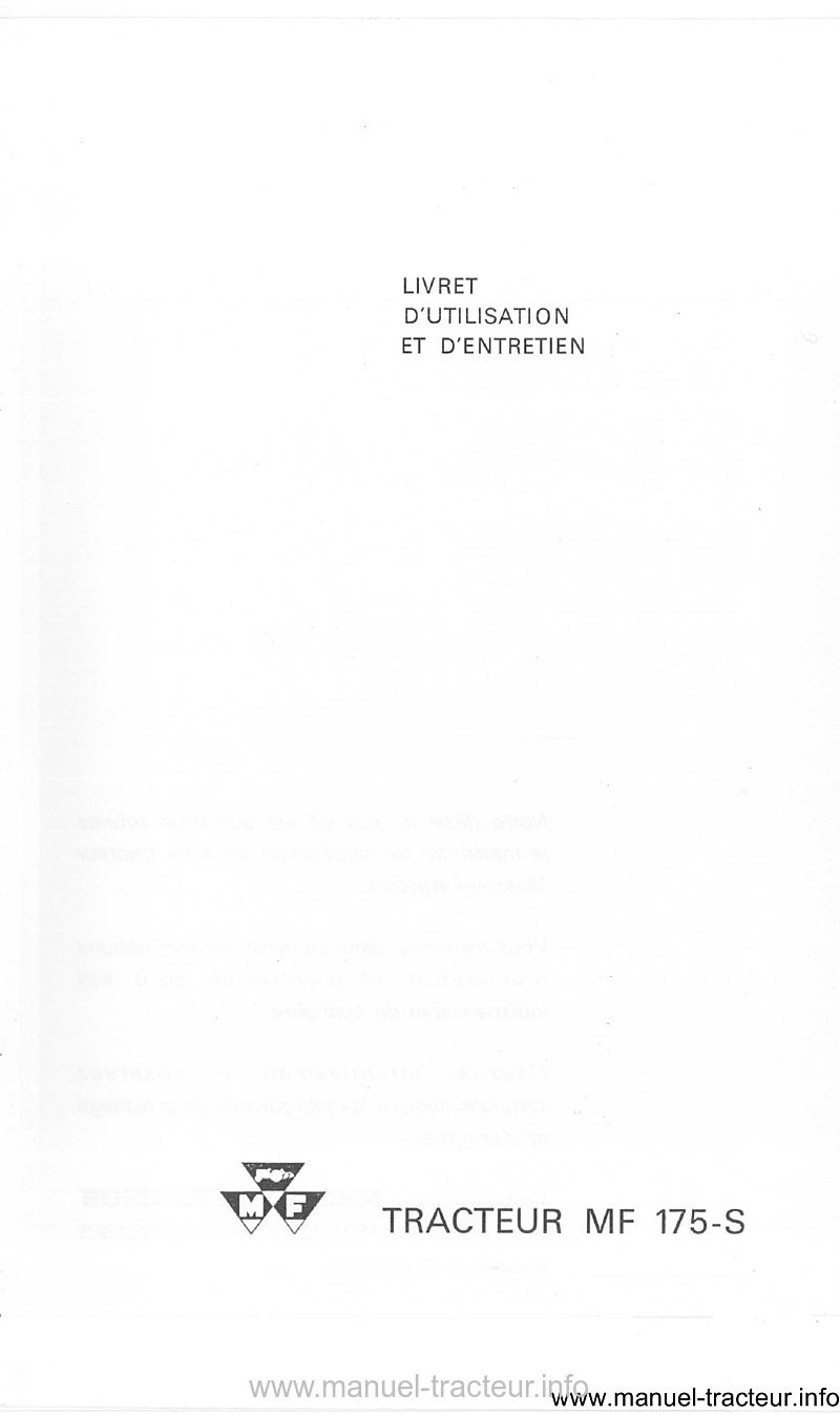 Page 2 du manuel d'atelier - Livret d'utilisation et d'entretien tracteur Massey Ferguson MF 175-S
