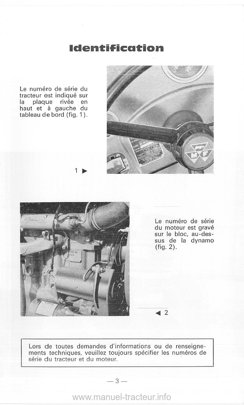 Extrait de la notice technique - Livret d'utilisation et d'entretien tracteur Massey Ferguson MF 175-S