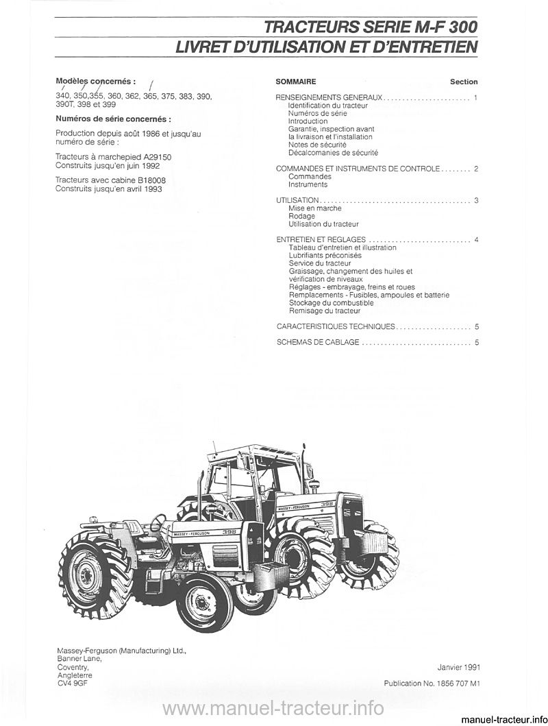 Extrait du guide de réparation - Livret d'entretien tracteur Massey Ferguson 340 350 360 362 365 375 383 390 390T 398 399