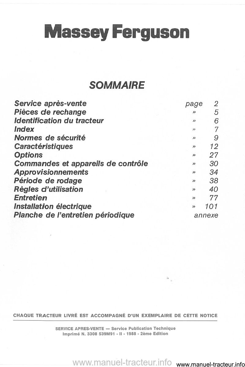 Page 1 du sommaire - Livret d'utilisation et d'entretien pour les Massey Ferguson MF 154, 174, 184 et 194 S-F