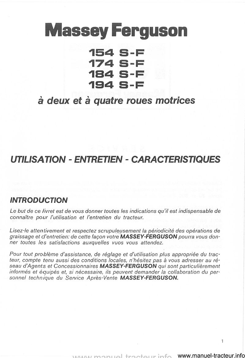 Extrait du guide de réparation - Livret d'utilisation et d'entretien pour les Massey Ferguson MF 154, 174, 184 et 194 S-F