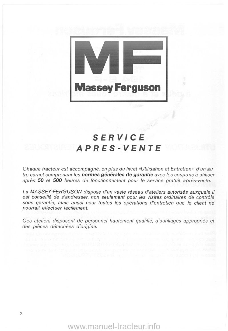 Extrait de la notice technique - Livret d'utilisation et d'entretien pour les Massey Ferguson MF 154, 174, 184 et 194 S-F