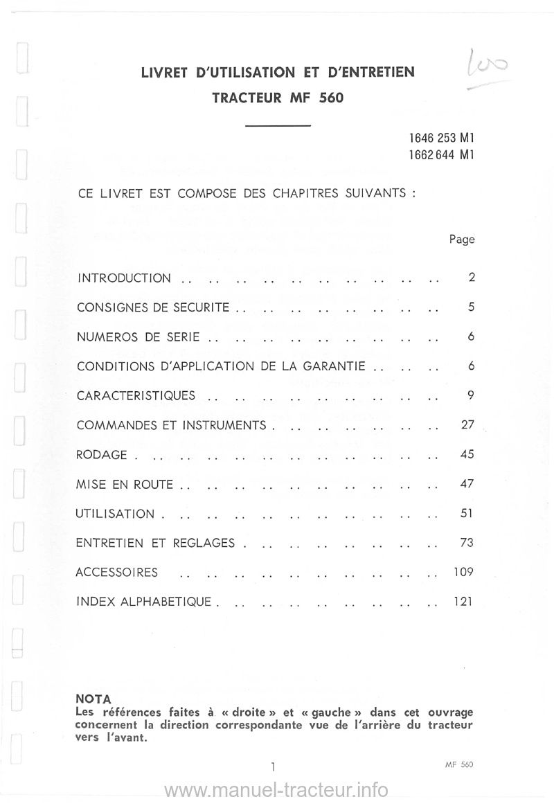 Page 2 du manuel d'atelier - Livret d'utilisation et d'entretien tracteur Massey Ferguson 560
