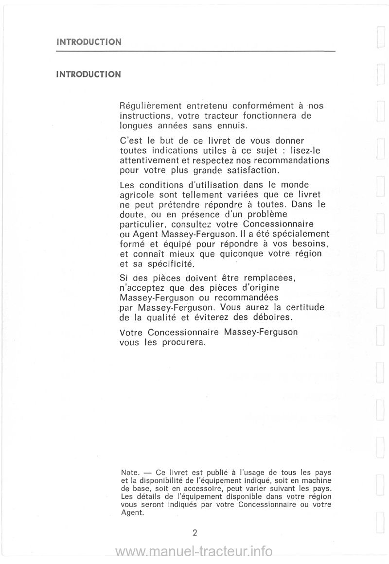 Extrait du guide de réparation - Livret d'utilisation et d'entretien tracteur Massey Ferguson 560
