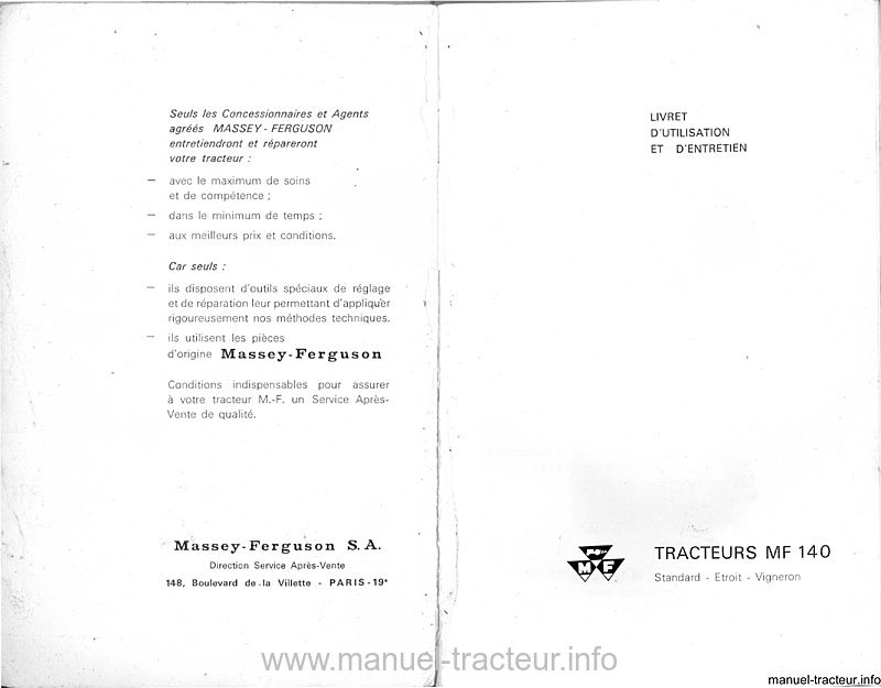 Page 1 du sommaire - Livret d'utilisation et d'entretien tracteur Massey Ferguson MF 140
