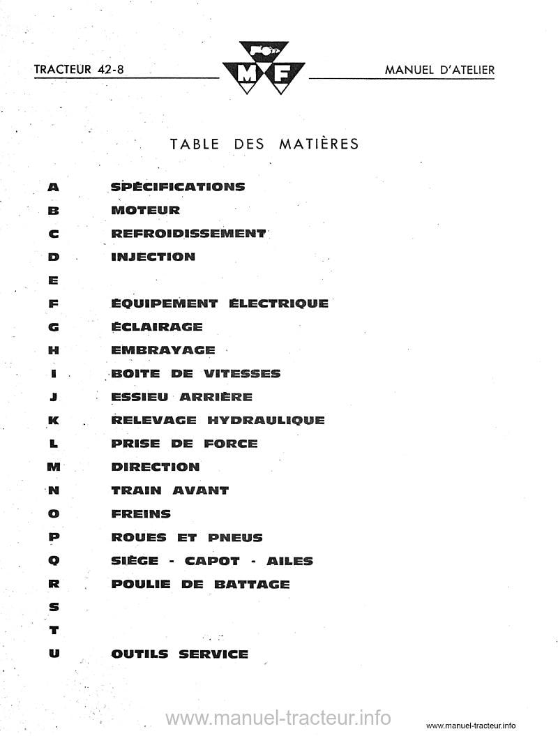 Page 1 du sommaire - Manuel d'atelier tracteur Massey Ferguson MF 42.8