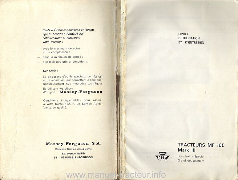 Page 1 du sommaire - Livret d'utilisation et d'entretien tracteur Massey Ferguson MF 165 Mark III