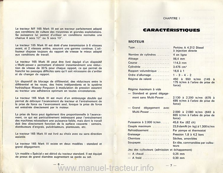 Extrait de la notice technique - Livret d'utilisation et d'entretien tracteur Massey Ferguson MF 165 Mark III