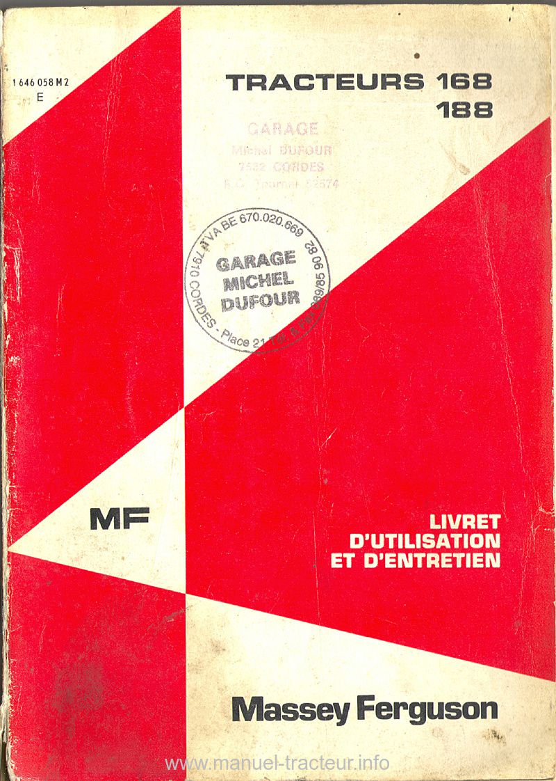 Première page de la revue technique - Livret d'utilisation et d'entretien tracteur Massey Ferguson MF 168 et 188
