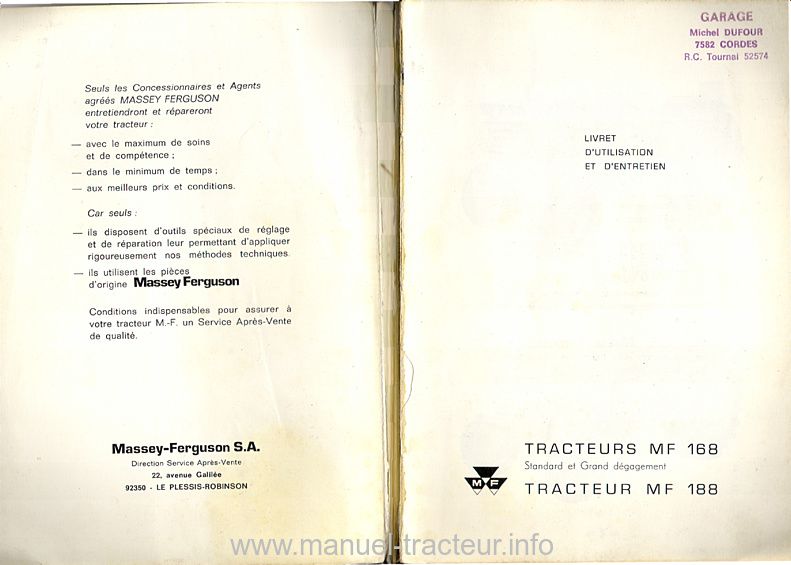 Page 1 du sommaire - Livret d'utilisation et d'entretien tracteur Massey Ferguson MF 168 et 188