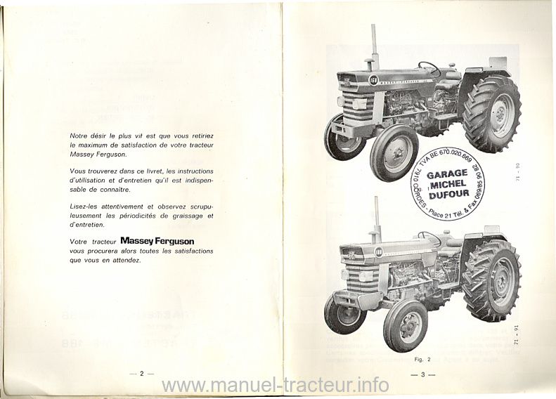 Page 2 du manuel d'atelier - Livret d'utilisation et d'entretien tracteur Massey Ferguson MF 168 et 188