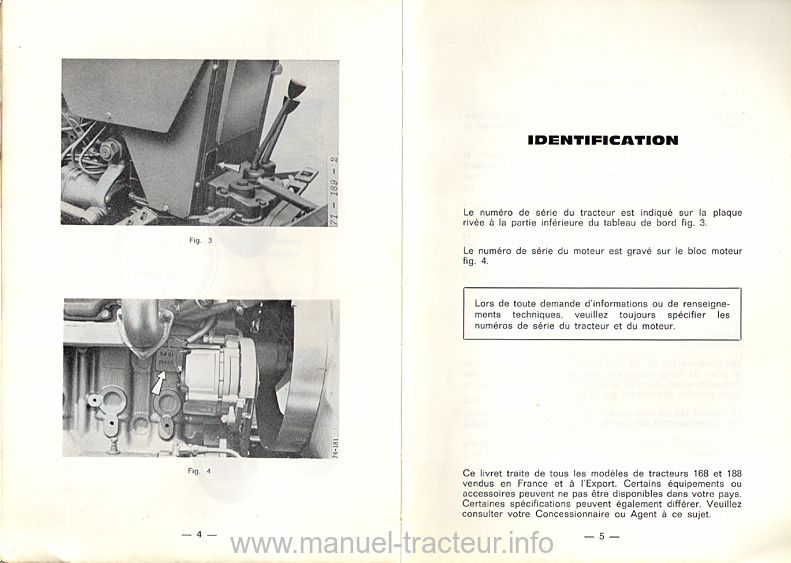 Extrait du guide de réparation - Livret d'utilisation et d'entretien tracteur Massey Ferguson MF 168 et 188