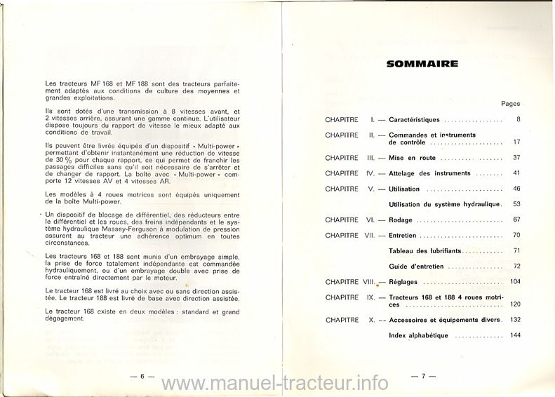 Extrait de la notice technique - Livret d'utilisation et d'entretien tracteur Massey Ferguson MF 168 et 188