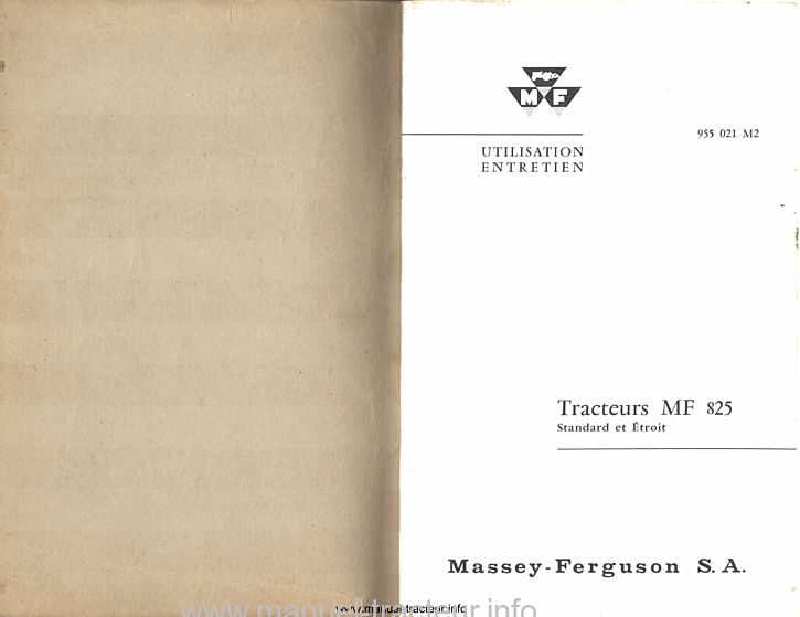 Page 1 du sommaire - Notice d'entretien pour le tracteur Massey Ferguson 825 - Standard et étroit