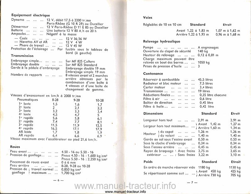 Extrait de la notice technique - Notice d'entretien pour le tracteur Massey Ferguson 825 - Standard et étroit