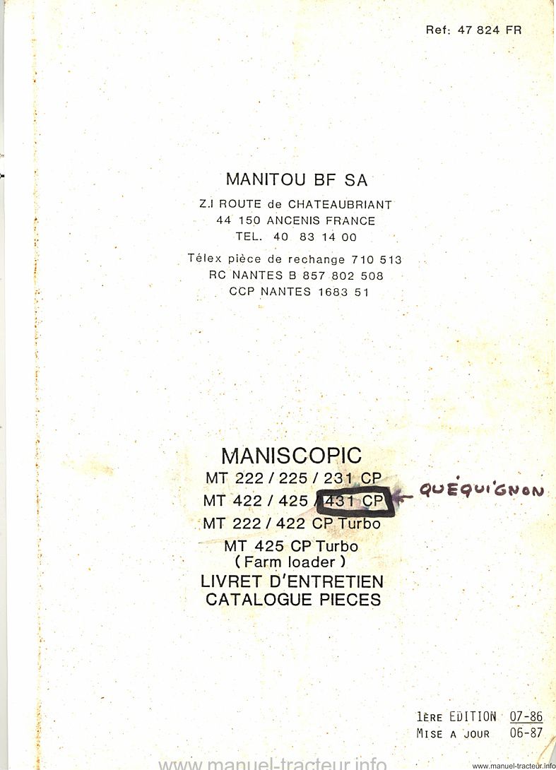 Page 2 du manuel d'atelier - Livret d'entretien et catalogue de pièces détachées Maniscopic