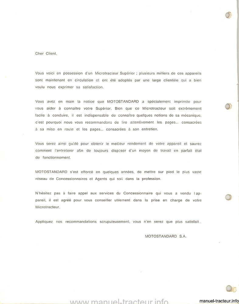 Page 1 du sommaire - Notice d'emploi et d'entretien Motostandard Supérior 1031