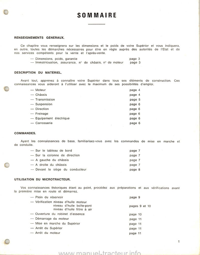 Page 2 du manuel d'atelier - Notice d'emploi et d'entretien Motostandard Supérior 1031