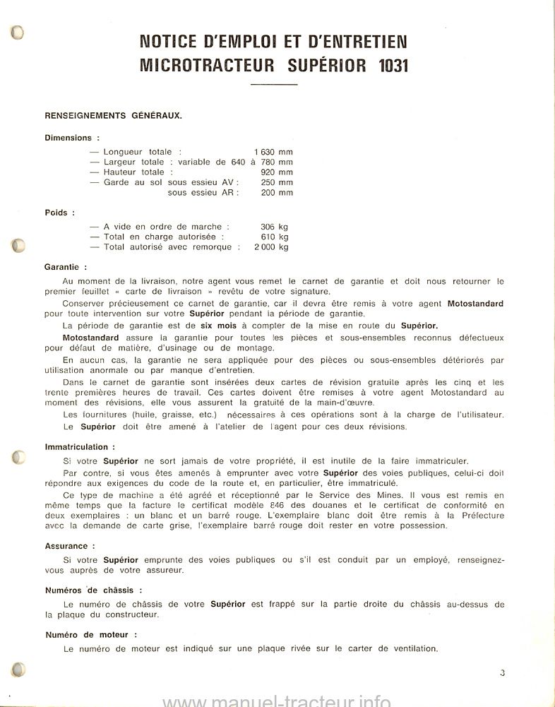 Extrait de la notice technique - Notice d'emploi et d'entretien Motostandard Supérior 1031