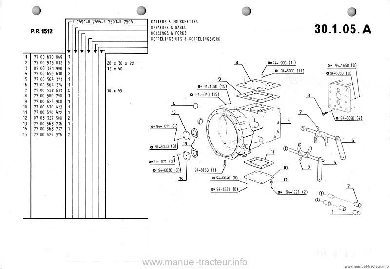 Extrait de la notice technique - Catalogue de pièces de rechange moteur Renault PR 1512