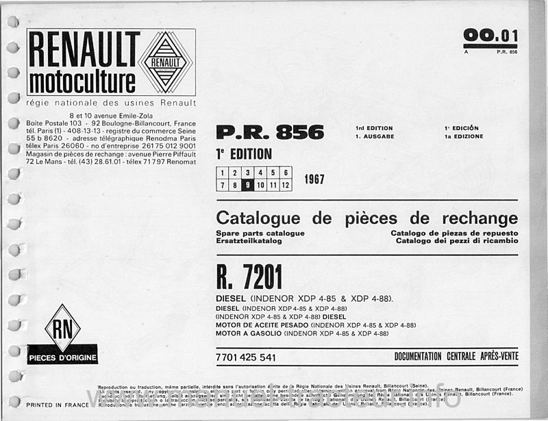 Première page de la revue technique - Catalogue de pièces de rechange Renault Super2D R7201 PR 856