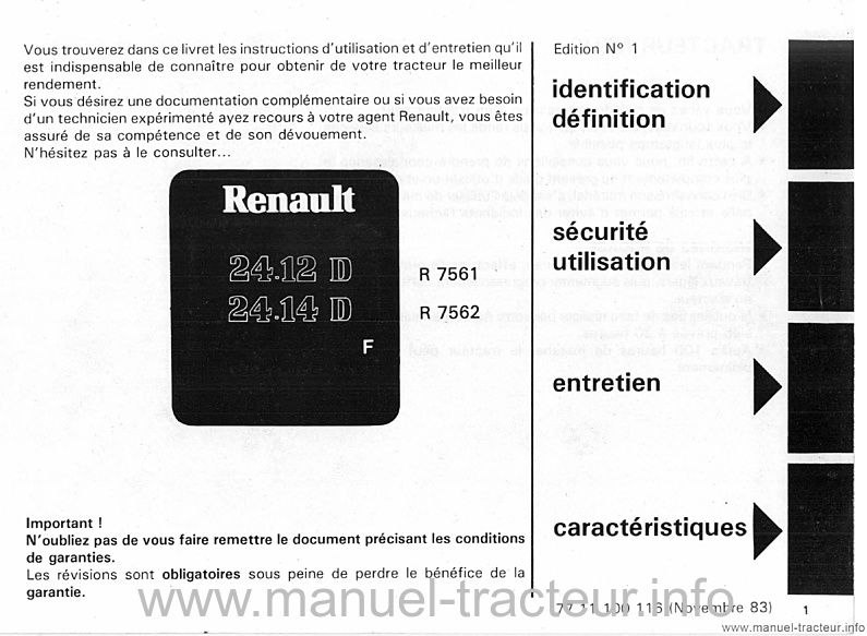 Page 1 du sommaire - Livret d'entretien tracteurs RENAULT 24-12 24-14 D