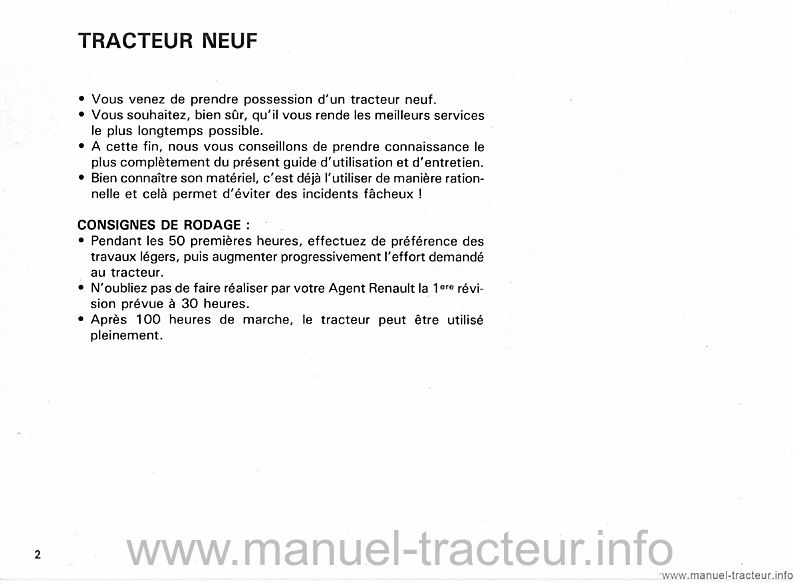 Page 2 du manuel d'atelier - Livret d'entretien tracteurs RENAULT 24-12 24-14 D